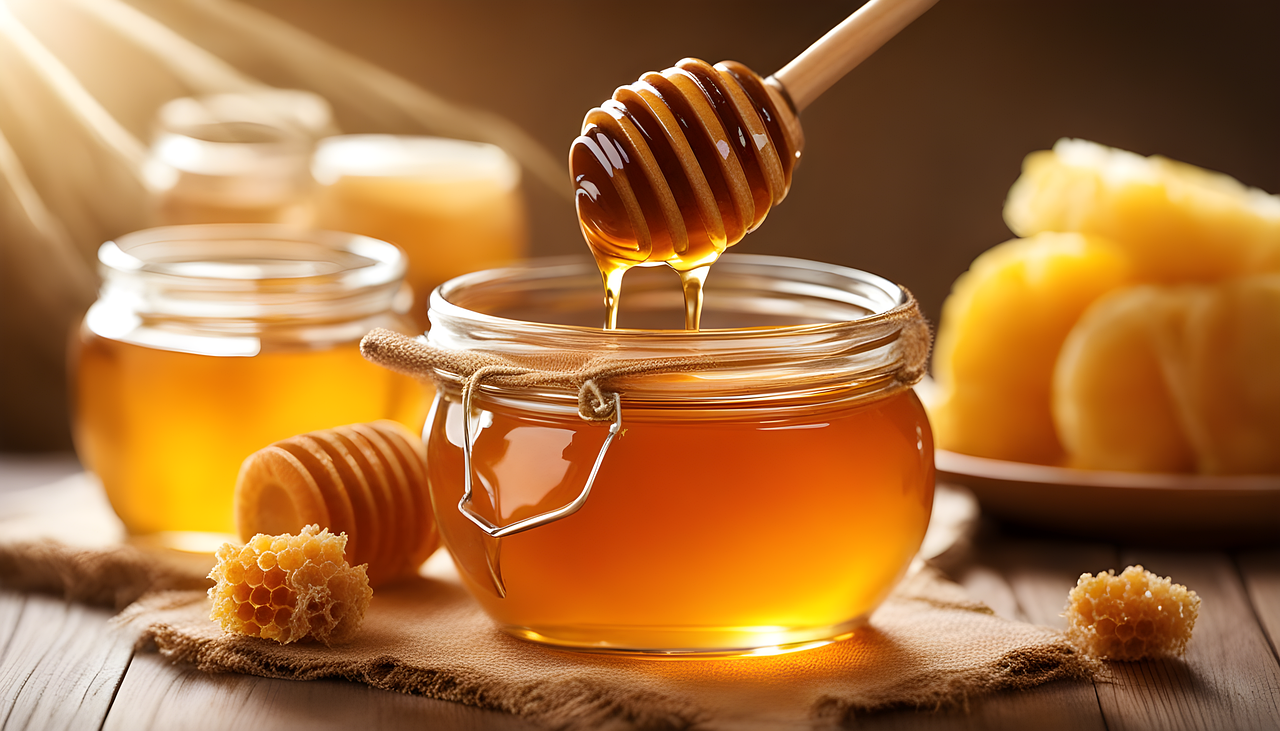 Golden honey with wooden spoon