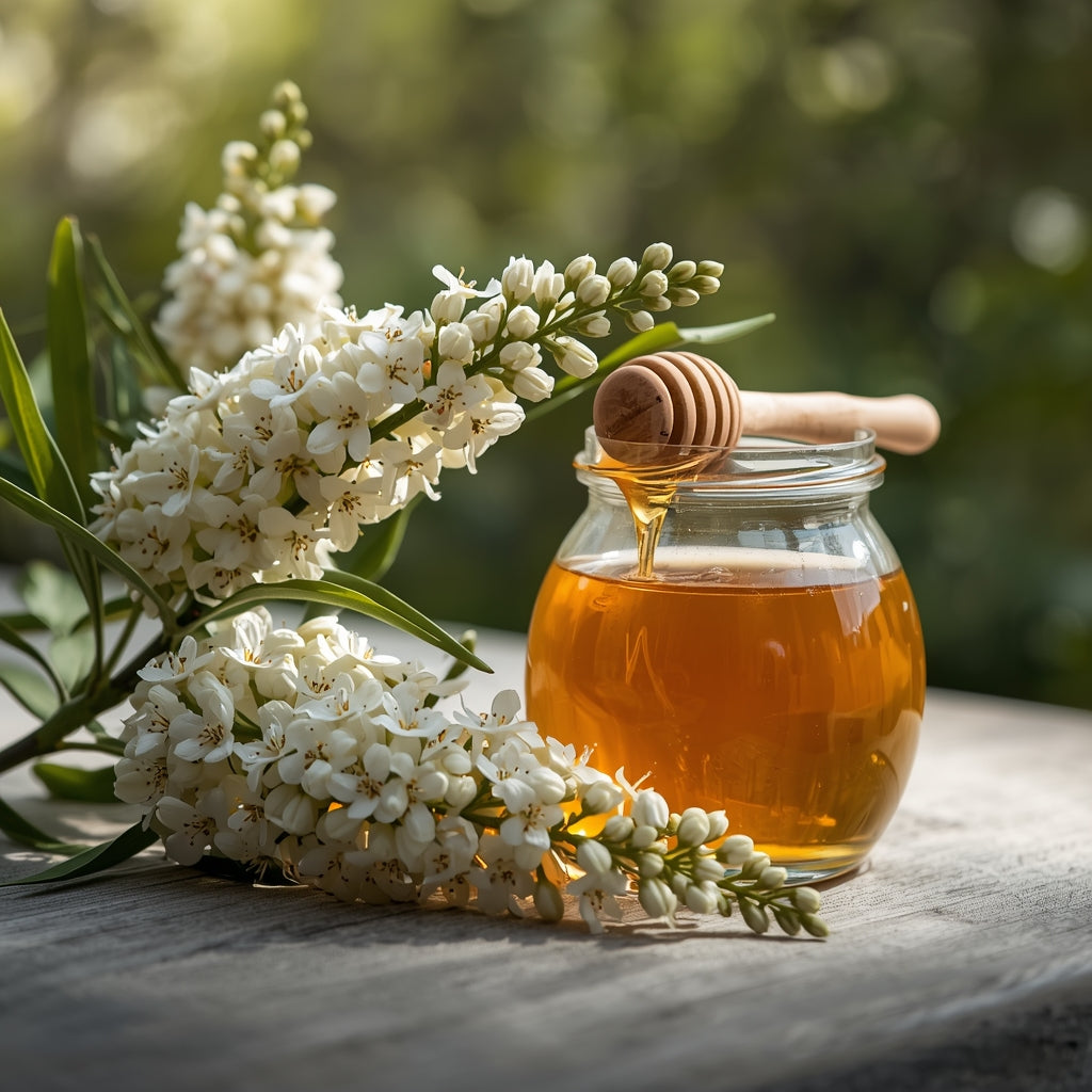Real jar of Acacia Honey (Babhul Honey) with natural raw honey, enhanced for clarity