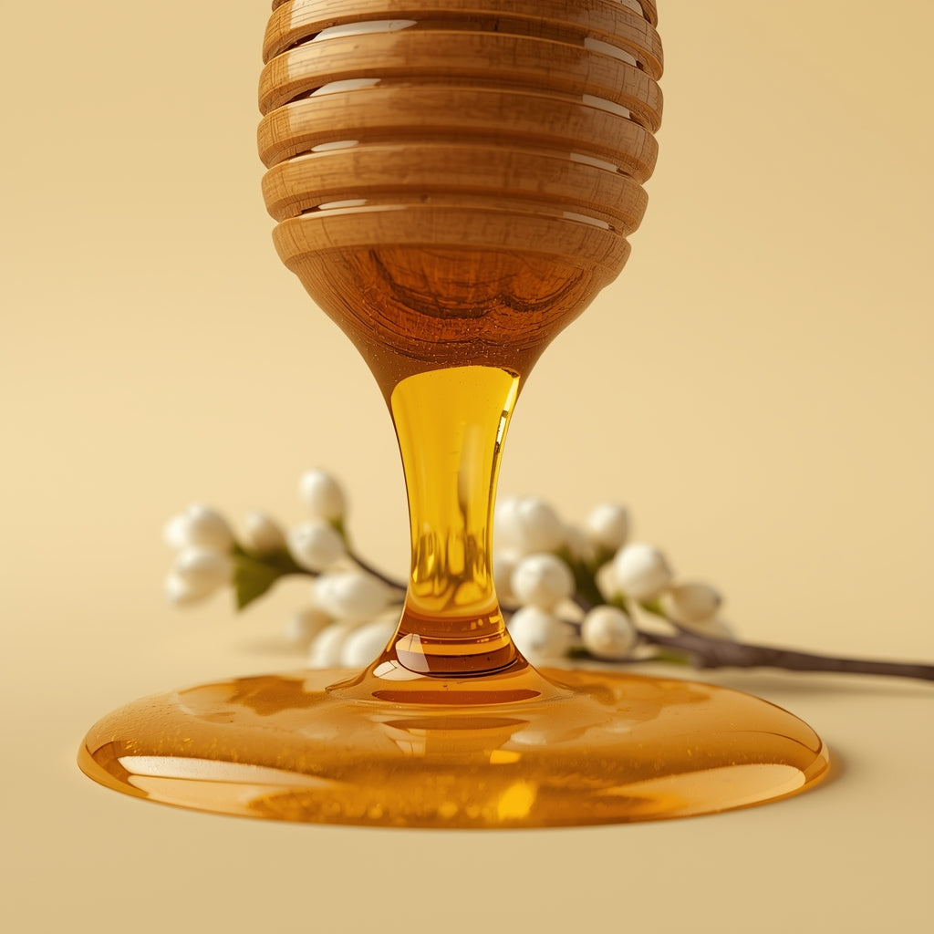 Raw organic acacia honey dripping from wooden dipper with rich golden texture